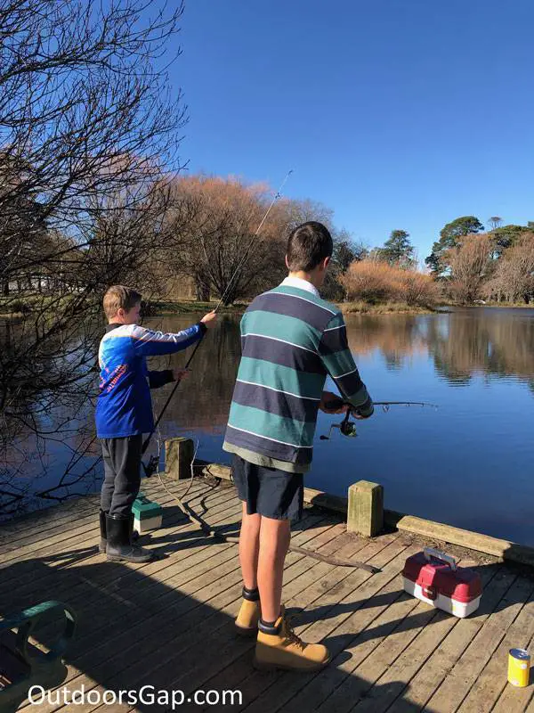 Victoria Park at Ballarat, Boys fishing from pier.