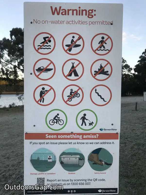 Bostock Reservoir signage of watersports allowed